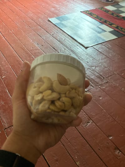 A close-up shot shows a hand holding a clear plastic container filled with cashews. The container has a white lid. The background is a distressed red wooden floor with a checkered mat partially visible in the upper right corner. The lighting is dim. The specific location of Dashtabad, Uzbekistan, is not visually discernible from the image.