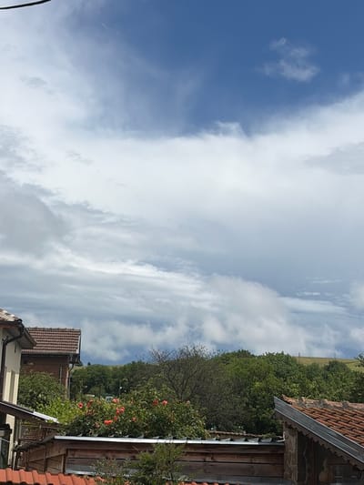 The image captures a serene rural or semi-rural landscape, likely in Kozlovets, Bulgaria, under a partly cloudy daytime sky. The scene is dominated by natural elements and traditional architecture.
On the right side of the frame, parts of two houses are visible. The closest structure features a rustic aesthetic with wooden siding and a sloped roof covered in reddish-brown terracotta tiles, equipped with a metal gutter system. Below the eaves, a vibrant bush laden with bright orange-red flowers adds a striking accent. Further back and slightly to the left, another house with a similar tiled roof can be seen, partially obscured by foliage.
The midground and background are filled with dense, lush green trees and bushes, forming a rich canopy. Beyond this treeline, a gently rising, open field or hill with sparse vegetation is visible under the bright sky. A faint utility pole can be discerned in the distant background among the trees.
The sky, occupying the upper and left portions of the image, displays a mix of clear blue patches and soft, voluminous white and grey clouds, indicative of fair weather during the day. There are no people visible, nor is any text present. The overall atmosphere is peaceful and calm, showcasing a harmonious blend of built structures and natural beauty.