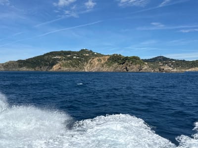 The image depicts a view of the coastline of Bormes-les-Mimosas, France, as seen from the water. The foreground is dominated by white sea foam and waves created by a moving boat. In the middle ground, the deep blue Mediterranean Sea stretches out. The background reveals a rugged, tree-covered hillside dotted with white buildings, suggesting a coastal town or resort. The sky above is a clear blue with scattered wispy clouds and contrails from aircraft. The overall impression is one of a bright, sunny day at sea, with a view of the picturesque French Riviera.