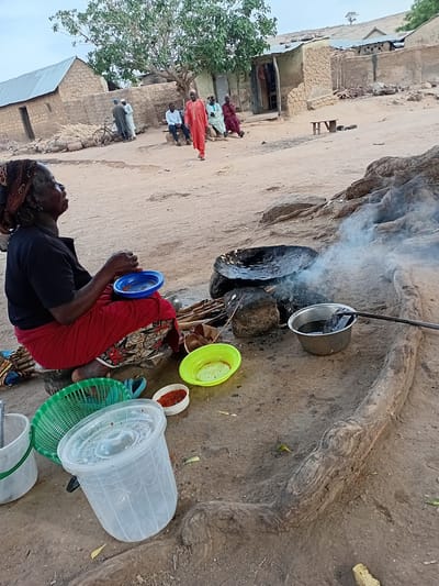 An image depicts a woman seated on the ground next to an outdoor cooking area in Nata-Ala, Nigeria. The cooking area features a fire pit with smoke rising from it. At least two pots rest on or near the fire. The woman is dressed in dark clothing and a red skirt, and she is holding a blue plate. Around her are various plastic containers, plates, and baskets. In the background, there are several buildings and a small group of people standing near a tree.