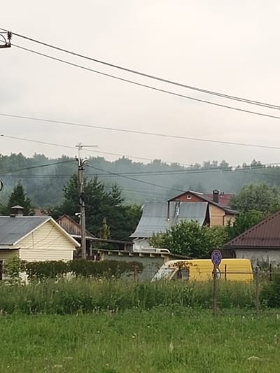 This media file depicts a rural scene in Skurygino, Russia. The image is dominated by an overcast sky, suggesting a cloudy or possibly foggy day, and the overall atmosphere feels muted. Several houses with varying roof styles are visible, nestled amongst lush green trees and foliage. A prominent wooden utility pole with electrical wires stretches across the upper portion of the frame. In the middle ground, a yellow van is parked behind a fence. A blue and white circular traffic sign is mounted on a pole in front of the van. The foreground is filled with tall, wild grass and other vegetation, suggesting a natural, uncultivated area. The scene appears to be tranquil, with no people or overt activities taking place. The location cues, like the architecture of the houses and the general rural setting, combined with the provided context of Skurygino, Russia, help identify the place. The time of day is ambiguous due to the overcast weather, but it appears to be daytime. There is no discernible text in the image.