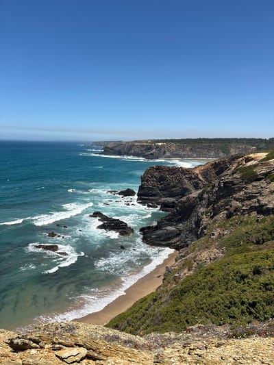 This is an eye-level, vertical, medium shot of the coastline near Odeceixe, Portugal, on a clear, sunny day. The image captures a rugged, rocky cliff face on the right side, covered with green shrubbery and small white flowers. Below the cliff, a sandy beach meets the turquoise ocean, where waves are crashing against dark, jagged rocks. The ocean extends to the horizon, where a faint hazy line suggests distant landforms and more coastline. The sky is a clear, bright blue. There are no people or man-made objects visible in the scene, emphasizing the natural beauty of the landscape.