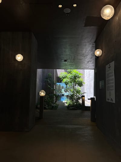 The image presents a low-angle view of an interior space, likely a building, that opens to an outdoor courtyard or garden area. The space is predominantly constructed of dark concrete, exhibiting a minimalist and modern architectural style.
Several spherical light fixtures are affixed to the walls and ceiling, providing illumination to the dimly lit interior. The courtyard features lush greenery, including trees and plants, which contrast with the stark concrete of the building.
The outdoor area appears to be a public space, evidenced by the presence of tables and chairs visible through the plants. There's also a sign attached to the ceiling with text. The location is Mazatlán, Mexico.