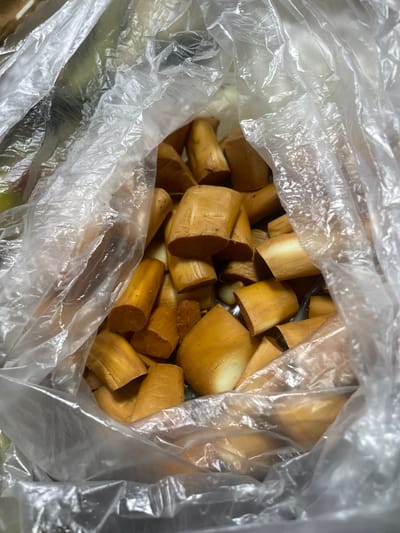 This media file shows a close-up, overhead view of several pieces of cut, light brown, dried root vegetables inside a clear plastic bag. The vegetables appear to be uniform in shape, cut into cylindrical segments with some pieces having a slightly curved appearance. The textures of the vegetables are rough and fibrous, with some having a smooth, polished look. The plastic bag is crumpled and opaque in places, obscuring some of the contents, while other parts are transparent, allowing the vegetables to be clearly visible. The lighting is bright and appears to be artificial, with reflections on the plastic bag. There is no indication of a specific time of day, weather conditions, or emotional state. The location context is Tsalyk, Russia, but there are no visible cues in the image to support this. No text is visible in the media file. The activity taking place is simply the storage or presentation of these dried root vegetables.