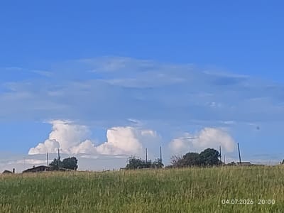 This image depicts a rural landscape with a field of tall grass in the foreground. In the middle ground, there is a cluster of buildings and trees, with two prominent poles standing near the center. The background features a vast blue sky with scattered white clouds, some of which are large and puffy. The lower right corner of the image contains a timestamp: "04.07.2026 20:00". The location is identified as Konovalovo, Russia.