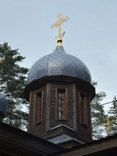A close-up, low-angle shot shows the upper portion of a wooden Orthodox church in Nenimäki, Russia. The main subject is a dark gray, multi-faceted dome topped with a golden, ornate cross. The dome is supported by a hexagonal wooden tower with vertical wooden planks and narrow windows. In the background, dark green pine trees fill the sky, and a faint wire runs horizontally across the frame. Another smaller golden cross is visible on the roofline to the right. The sky is overcast and a pale blue.