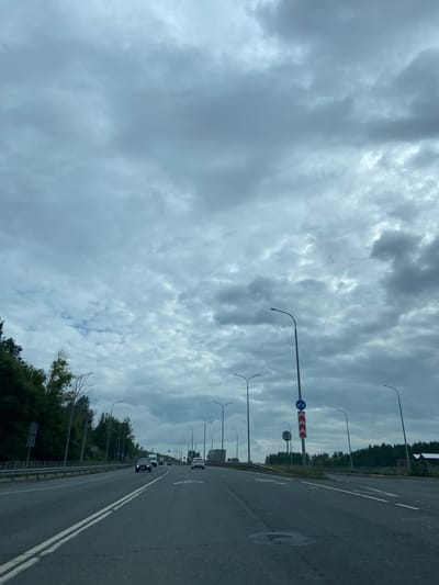 The image depicts a highway scene under a cloudy sky. The road is asphalt, with visible white lane markings. Several cars are on the road, moving in the same direction as the camera. On the left side of the road, there is a densely wooded area with trees. On the right side, there are streetlights and a fence. A traffic sign with a blue circle and a white arrow indicating a sharp turn is visible on a pole. The environment appears to be a suburban or rural area. The overall impression is of a cloudy, overcast day. There is no indication of the specific location in Kendektamak, Russia, beyond it being a highway.