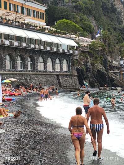 The image depicts a beach scene in Camogli, Italy, with a focus on a pebble beach and the Ligurian Sea. In the foreground, a couple walks away from the camera towards the water. The woman is wearing a purple and pink bikini, and the man is wearing striped swim trunks. Behind them, the sea is filled with people swimming and wading. Some are using inflatable rings, and one person is playing with a yellow ball.

Further back on the beach, numerous people are sunbathing on towels and loungers. Red and yellow inflatable kayaks are visible near the water's edge. A small brown dog is sitting on the pebbles in the lower left portion of the frame.

Dominating the background is a multi-story building with an orange facade, featuring dark green shutters and awnings extending over a lower level with arched stone openings. This building appears to be a hotel or restaurant, with tables and chairs set up on an outdoor terrace. Beyond the building, a steep, rocky hillside is covered in lush green vegetation. Flags, including the Italian tricolor, are visible on a pole on the hillside. The overall atmosphere is one of a busy summer day at the beach. The date stamp "31.07.2026 17:56" and "POCO F5" are present in the lower corners of the image.