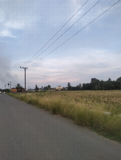 The image depicts a roadside view in Muliengmanyang, Indonesia, at what appears to be dusk or early morning given the soft light and pastel sky. A paved road curves from the left foreground into the distance. To the right of the road, dry, tall grass lines the edge of a harvested field, with a few scattered clumps of greenery. Further in the distance, a line of palm trees and other foliage marks the horizon. A prominent mosque with a distinctive dome is visible in the middle ground, surrounded by some buildings. Electrical poles with wires stretch across the upper portion of the frame, indicating infrastructure. On the left side of the road, a white car is partially visible, and a motorcycle is in motion, suggesting traffic. Several other utility poles are interspersed along the roadside. The overall impression is of a rural or semi-rural landscape in Indonesia.