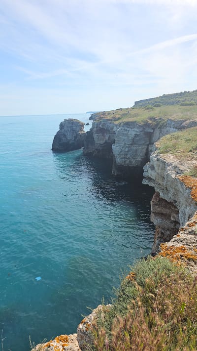 The image depicts a coastal scene in Kamen Bryag, Bulgaria. A rugged, rocky cliff covered with grass and vegetation overhangs the turquoise waters of the Black Sea. The cliff face displays a mix of gray stone and orange lichen. A large rock formation juts out from the cliff into the water. A piece of blue plastic drifts in the water below. The sky is pale blue with faint streaks of clouds.