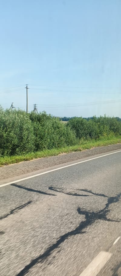 The image shows a paved road with a white line marking the shoulder. Lush green bushes and trees line the side of the road, with power lines and utility poles visible in the background against a clear blue sky. The shadows of nearby objects, possibly trees or a fence, are cast across the asphalt, creating an abstract pattern. The scene is devoid of any people or vehicles, suggesting a quiet, rural setting. The overall impression is one of a sunny day in a natural landscape. The location is identified as Buranovo, Russia.