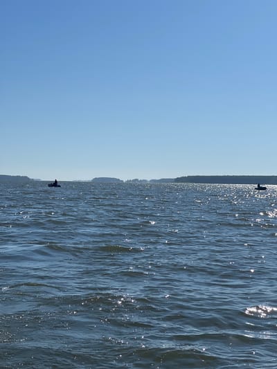 The image shows a wide expanse of dark blue water, with gentle waves creating shimmering highlights from the sun. In the distance, a tree-lined shore is visible on the right, and what appears to be land masses or islands stretch across the horizon. Two small boats are present on the water. The boat on the left contains a single silhouette of a person. The boat on the right also has a single silhouette of a person. The sky above is a clear, pale blue. The overall scene suggests an outdoor, possibly recreational, activity on a body of water. The location in Novopichugovo, Russia, implies this is likely a lake or river.