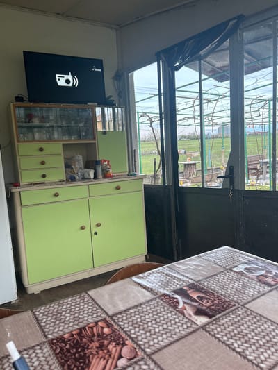The image shows the interior of a room, possibly a summer kitchen or enclosed porch, in Borovan, Bulgaria, as indicated by the location data. Light enters through a multi-pane window and an open doorway, revealing an exterior scene with green fields and a trellised structure. Inside, the room contains a light green storage unit with cabinets and drawers, positioned near the window. A television displaying a Wi-Fi symbol is mounted on the wall to the left of the storage unit. A table covered with a patterned tablecloth is situated in the right foreground. The room has a somewhat cluttered appearance.