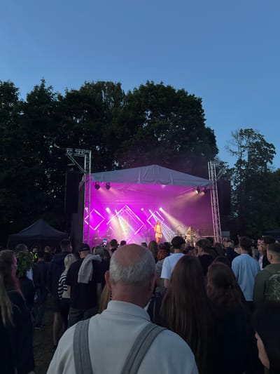 An outdoor music festival is underway at twilight, with a crowd of people gathered to watch a band perform on a lit stage. The stage is adorned with vibrant pink and white lights, illuminating the performers and creating a dynamic atmosphere. Trees frame the scene, and the sky is a deep blue, indicating the late hour. The audience members, seen from behind, are engrossed in the performance, with some holding up their phones to capture the moment. The event appears to be taking place in a park or open field, typical of summer concerts. The scene is peaceful and communal, with people sharing a shared experience of live music.