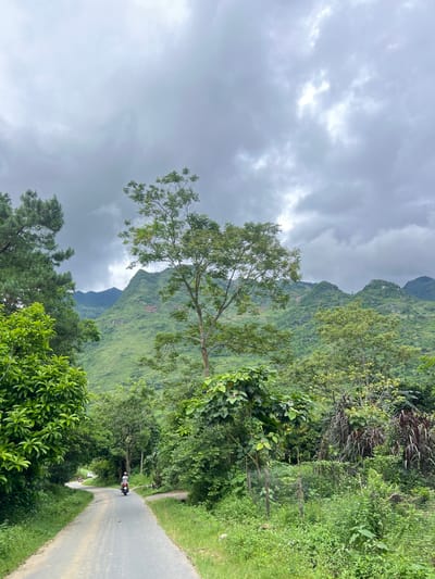 This is a vertical, eye-level, medium shot of a winding road in Lùng Tám Commune, Vietnam, surrounded by lush greenery and mountains. The sky is overcast with heavy, grey clouds, creating a diffused light. On the road, a person wearing a helmet and a backpack rides a scooter, heading away from the camera and towards the distant mountains. The road is paved and in fair condition, with some patches of dirt and grass growing along its edges. To the left of the road, there are dense trees and bushes. To the right, more vegetation, including tall grasses and a wire fence, lines the road. In the background, rolling green mountains dominate the scene, with some rocky outcrops visible on their slopes. The overall impression is one of a rural, natural landscape.