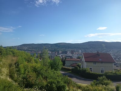 This is a daytime, eye-level, wide-angle photograph taken from a hillside overlooking the city of Drammen, Norway. The foreground is dominated by lush green vegetation, including trees and flowering plants, creating a natural barrier. A paved road curves through the scene, leading towards two residential houses. The house on the right is a light yellow, two-story structure with a dark red tiled roof and white trim around the windows. To its left is a smaller, darker green house, also with a red tiled roof.
Beyond the houses, the city of Drammen unfolds. Buildings of varying heights, including residential homes and taller structures, are densely packed together. A body of water, likely the Drammenselva river, is visible in the middle ground, reflecting the sky. The background is a large, treed hill that forms the natural backdrop to the city. The sky is a clear, bright blue with scattered white clouds. The overall impression is a sunny, peaceful day with a blend of nature and urban landscape.