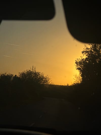 The image, possibly taken through a car window, shows a landscape at sunset in Gromshin, Bulgaria. The sky is an orange-yellow hue, and several contrails are visible. The silhouettes of trees and a roadside embankment dominate the right side of the frame. The left side of the frame is partially obscured by a dark, blurry object, likely part of the vehicle's interior.