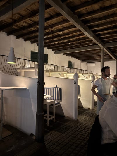 The image depicts an indoor dining or lounge area in Alcácer do Sal, Portugal, characterized by a rustic yet refined aesthetic. The space features a dark wooden beamed ceiling with horizontal planks. The walls are predominantly white, with several dark green shuttered windows visible on an upper level behind a dark metal railing. Below the railing, a series of white, pipe-like structures run horizontally, and white, arched booths are integrated into the wall. One such booth is visible on the left, equipped with a blue and white striped cushion and a small white table and stool.

Several pendant lamps with white conical shades hang from the ceiling, providing localized illumination. A prominent dark grey vertical pillar stands in the foreground, slightly to the left of center, with two dark rings attached. The floor is covered in dark, possibly cobblestone or patterned tiles, reflecting the dim ambient light and casting deep shadows.

On the right side of the image, two men are visible. The most prominent is a man with a beard and mustache, wearing a white t-shirt and a light blue apron, holding a small, light-colored object in his left hand. He appears to be a staff member. Partially obscured behind him is another individual, also in a white shirt and apron. In the immediate foreground, the back and shoulder of a person wearing a white collared shirt and a dark jacket are visible, presumably a patron seated at a table outside the booths. White, decorative finial-like elements top some of the booth partitions.