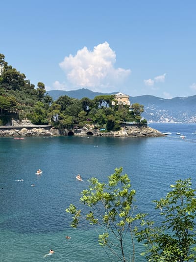 This image depicts a scenic coastal view in Portofino, Italy, showcasing the lush greenery and azure waters characteristic of the Ligurian coast. In the foreground, several individuals are seen enjoying the water, with some swimming and others relaxing on inflatable floats. A cluster of red kayaks is visible near the rocky shoreline, suggesting recreational activities.
Dominating the mid-ground is a picturesque peninsula adorned with dense foliage and a prominent building with a domed roof, characteristic of the region's architecture. The building appears to be a villa or a historic structure, perched atop the cliff and offering a commanding view of the sea. Adjacent to the building, a pathway or road is visible, winding along the coastline and bordered by trees. Several archways are carved into the rock face below the pathway, likely serving as access points or structural elements.
In the background, a series of rolling hills and mountains form a majestic backdrop, their slopes dotted with scattered buildings and vegetation, hinting at the picturesque towns and villages that dot the Italian Riviera. The sea is calm, with a few boats scattered on the horizon, adding to the tranquil atmosphere. The sky is a clear, bright blue, with a few fluffy white clouds adding depth and texture to the scene. The overall impression is one of a serene summer day, with people engaging in leisure activities amidst breathtaking natural beauty.