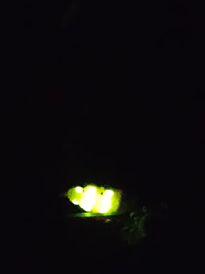 The image displays a low-light scene with a cluster of glowing yellow-green lights in the lower-middle portion of the frame. The lights appear somewhat blurred and diffused, suggesting they might be artificial lights or natural bioluminescence. The background is predominantly dark, indicating a nighttime or dimly lit environment. The specific location in Kurovo, Russia, is not visually discernible from the image itself. There are no visible people, animals, or discernible structures in the image. The context suggests a natural setting or an outdoor urban environment at night where these lights are the primary focal point.