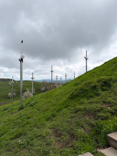 The image shows a line of large, sword-shaped monuments extending across a grassy hillside towards the sky. The monuments are made of a silver or gray material. The hillside is covered in green grass and wildflowers. There is a cloudy sky above. The location is Zemo Nichbisi, Georgia.