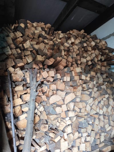 A large pile of chopped firewood is stacked inside a shed. The wood is of various sizes and shapes, with some pieces showing the rough texture of bark and others displaying clean, cut ends. The firewood is packed tightly together, filling the space from floor to ceiling in some areas. Two long, slender branches or sticks are leaning against the pile on the left side of the image. The shed appears to be made of concrete block walls and has a dark, textured ceiling with wooden beams. The lighting is dim, suggesting the image was taken in a shaded or enclosed area.