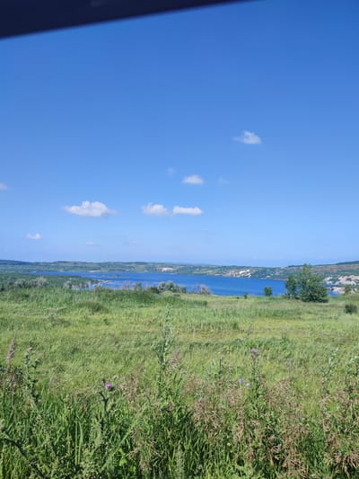 The image captures a serene landscape under a bright blue sky dotted with sparse white clouds. In the foreground, a vibrant green meadow is filled with tall grasses and wild flowers, some of which are purple thistles. The meadow slopes gently towards a wide, calm body of water that stretches across the middle ground. The water reflects the blue of the sky and is bordered by a distant, undulating shoreline with scattered trees and vegetation. The shoreline appears hilly and is characterized by patches of light-colored earth and greenery. The overall scene conveys a sense of natural tranquility and open space, likely a rural or natural area. This scene could be located in the vicinity of Staraya Uralka, Russia, given its geographical characteristics of a water body surrounded by hills and vegetation.
