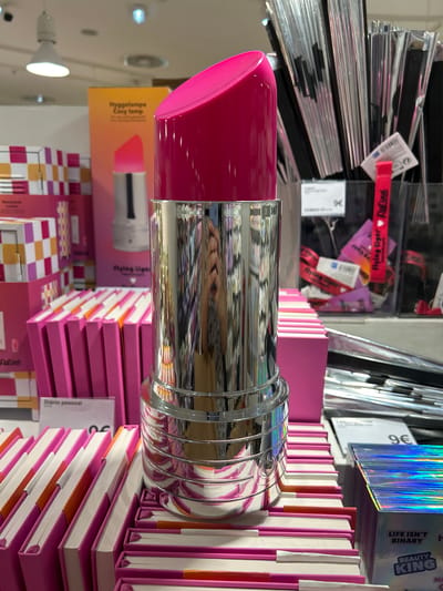 This image depicts a close-up view of a novelty giant lipstick-shaped object, primarily in metallic silver with a bright pink top, situated in a retail environment. The object is positioned centrally and dominates the foreground. Behind it, a stack of small, pink-bound notebooks or journals is visible, some with white or orange edges. Further in the background, more merchandise is on display. To the left, there are boxes with a checkerboard pattern of pink, yellow, and white. To the right, a collection of slender, transparent cylindrical items in a container and several small packaged items, including what appears to be lip gloss or similar cosmetic products with colorful packaging, are visible. A price tag with "9€" is also present. The overall impression is of a retail display, likely in a store specializing in novelty items, stationery, or cosmetics. There is no indication of the city of Senhora da Hora, Portugal, in the provided image.