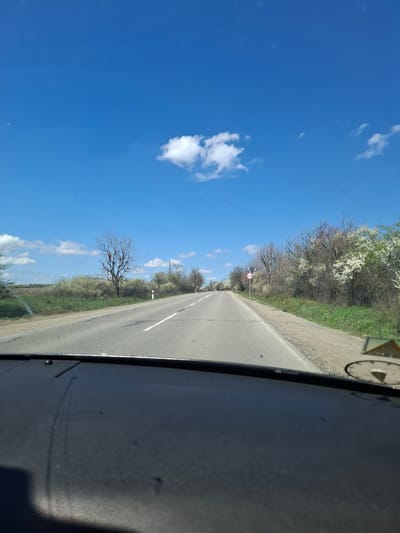The image shows a view from inside a vehicle traveling on a road. The road is asphalt, with a solid white line dividing the lanes. The sky is bright blue with scattered white clouds. On either side of the road, there is vegetation, including trees and bushes. The area could be identified as Studeno Buche, Bulgaria, based on the roadside sign. A portion of the vehicle's dashboard and window frame is visible in the foreground.