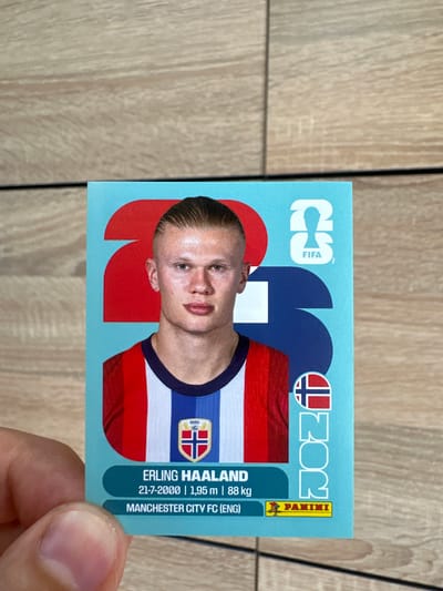 A person's thumb is holding a trading card featuring a portrait of soccer player Erling Haaland. The card has a light blue background with large red and dark blue abstract shapes behind Haaland. Haaland is wearing a jersey with red, white, and blue stripes and a crest on his chest. Text on the card reads "ERLING HAALAND," "21-7-2000 | 1,95 m | 88 kg," and "MANCHESTER CITY FC (ENG)." A smaller crest with the Norwegian flag is visible on the right side of the card. The "ROZ" logo is printed vertically on the right side of the card, with a "FIFA" logo above it. A "PANINI" logo is in the bottom right corner of the card. The card is resting on a light brown wooden surface with visible grain. There is no indication of the city of Prisovo, Bulgaria, in the image.