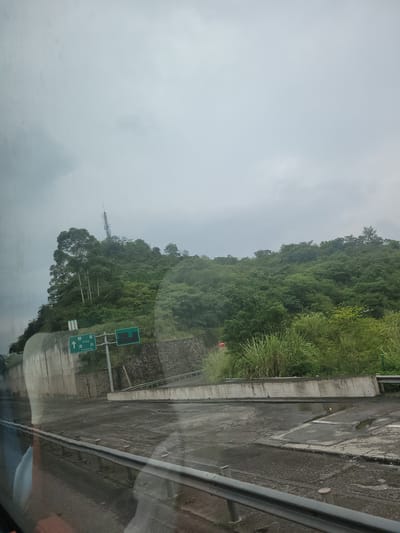 This is an eye-level, medium shot, exterior photograph of a road in Yufengshan, China. The image captures a cloudy, overcast day, with a thick layer of gray clouds obscuring the sky. On the left side of the frame, a concrete retaining wall curves upwards, forming part of the road infrastructure. A green traffic sign is mounted on a pole, indicating "1" with an upward arrow, and the text "Caijia" and "Longxing" in both Chinese and English. To the right of this sign, another green sign with Chinese characters is visible. The road itself appears to be a highway or an interchange, with multiple lanes and a concrete barrier running along the foreground. The background is dominated by a densely forested, green hillside. Tall trees are scattered across the slope, and a telecommunications tower is visible on the hilltop. The vegetation is lush and extends down to the roadside, with tall grasses and reeds growing near the concrete barrier. The road surface shows signs of wear and tear, with patches of wetness and what appear to be puddles.