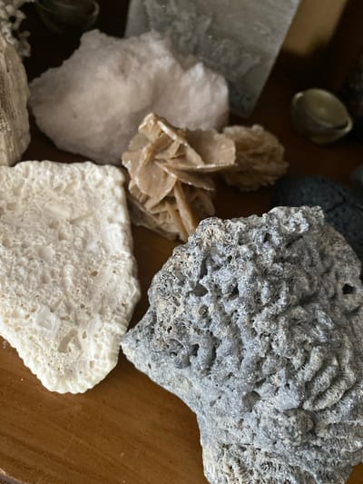 The image displays a collection of natural specimens, including what appears to be coral or porous rock formations, and crystal structures. A white, textured object is prominent in the lower left, with a darker, rougher object to its right. Behind these, a cluster of light brown, petal-like formations, possibly desert rose crystals, is visible, alongside larger, cloudy white crystalline structures. In the upper right, a small, green, bowl-like object and a darker, faceted object are partially visible. The items are arranged on a wooden surface. There are no people or actions depicted. The image is a close-up shot, with a shallow depth of field, suggesting the focus is on the textures and forms of the collected items. The scene is indoors, likely a display or collection area. There is no information in the image that indicates a location in Osek, Czechia.