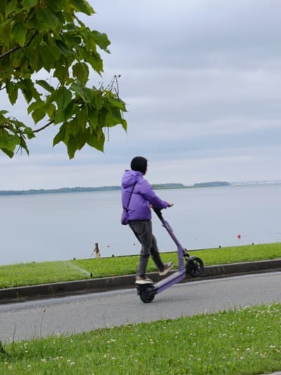 A person, wearing a purple jacket and dark pants, rides a purple electric scooter on a paved path. The person is facing away from the camera, looking out at a body of water. The scooter has two wheels and handlebars. The path is bordered by a strip of grass on the left and a grassy area on the right, which slopes down to the water. In the background, there is a wide expanse of water with a distant bridge visible. The sky is overcast. The scene appears to be in Voskresensky District, Russia.