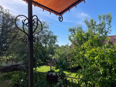 The image shows a backyard scene in Ardon, Russia, on a bright, sunny day with a clear blue sky. In the foreground, a dark metal railing with decorative swirls and a heart-shaped motif runs across the bottom of the frame. A dark brown metal post, also part of this railing system, is visible on the left. Above the railing, a corrugated orange awning is supported by a dark metal structure, with several small, bulb-shaped lights hanging from its underside.
Beyond the railing and post, a lush green lawn is visible, dotted with various trees. On the left side, a white fence can be seen behind the trees, partially obscured by foliage. Further into the yard, there's a small, decorative well structure with a red, patterned roof. To the right, a portion of a building with a reddish-purple roof is visible between the trees. The trees themselves are full of green leaves, and some appear to be fruit-bearing, with small red fruits visible on branches in the middle right of the image. The overall impression is a well-maintained, residential garden. There are no people or animals present in the image.