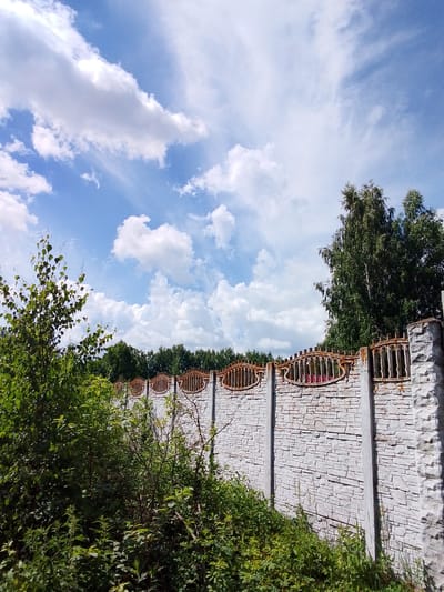 The image depicts a stone fence with a decorative metal top, set against a backdrop of lush green foliage and a bright blue sky with scattered white clouds. The fence appears weathered, with some areas of rust on the metal ornamentation. To the left of the fence, a young tree with light green leaves stands prominently. Behind the fence, dense trees form a green line across the horizon. The overall scene suggests an outdoor setting, possibly in a rural or suburban area. The location is identified as Снопок Новый, Russia. No people or actions are visible in the image.