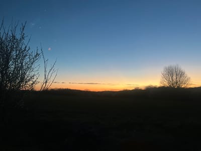 A landscape scene presents the sky transitioning from a deep blue to a band of orange and yellow at the horizon. Silhouetted land is visible along the top of the image. Bare trees are at either side of the horizon. The image has been rotated by 180 degrees, causing the sky to appear to be water reflecting the scene. The location is presumed to be Kereka, Bulgaria, based on the user request.