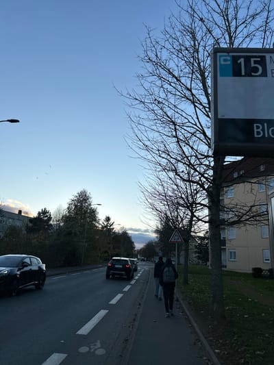 This image depicts an urban street scene at dusk in Montigny-lès-Metz, France, specifically at or near the "Blériot" bus stop, identifiable by the partially visible "Blo" text and "C 15" line number on the bus stop sign.
The scene is dominated by a multi-lane asphalt road with a marked bicycle lane and dashed white lines, extending into the background. Vehicles are present on the road; a dark SUV is partially visible in the foreground on the left, moving towards the viewer, while a dark Land Rover Range Rover Evoque is in the mid-ground, moving away. Two individuals are walking on the paved sidewalk to the right, observed from behind, both wearing dark clothing; one has a backpack.
To the right, a prominent bare deciduous tree stands next to a bus stop sign displaying "C 15" and "Blo" (likely "Blériot"). Further down the sidewalk, another triangular road sign with a red border depicts a double bend. The sidewalk is bordered by a strip of grass and additional trees, most of which are bare, indicating late autumn or early winter. Residential buildings, including a multi-story structure with a brown tiled roof and yellow facade, are visible behind the trees and signs. In the background, on the left side of the street, other residential buildings and dense foliage are present. The sky is a gradient of clear blue overhead, transitioning to lighter hues with faint clouds near the horizon, and a distant streetlight is visible on the far left. Several small birds are faintly visible in flight against the sky.