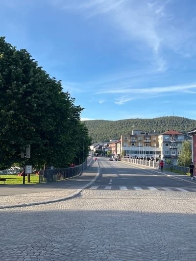 This media file depicts a street scene in Kongsberg, Norway, likely during the daytime. The image is oriented vertically, showing a street on the right side of the frame and a dense green forest covering a hill in the background. A treeline with tall, dark green trees occupies the foreground on the left, contrasting with the blue sky dotted with wispy white clouds.

The street is paved with cobblestones on the right sidewalk and has a marked crosswalk. Several buildings, appearing to be multi-story apartments or businesses, line the street on the left. These buildings have a mix of brick and lighter colored facades, with multiple windows. A few people are visible on the sidewalk, including one person in a red jacket and another in dark clothing. A black fence runs along the edge of the sidewalk, separating it from a grassy area with a few red flags and signs.

The overall impression is of a quiet, urban or semi-urban environment situated close to nature. The clear sky and sunny appearance suggest fair weather. No specific activity or event is clearly identifiable, beyond people walking or standing. The time of day appears to be late morning or afternoon, given the shadows cast by the buildings and the angle of the sunlight. No discernible text is visible in the image.