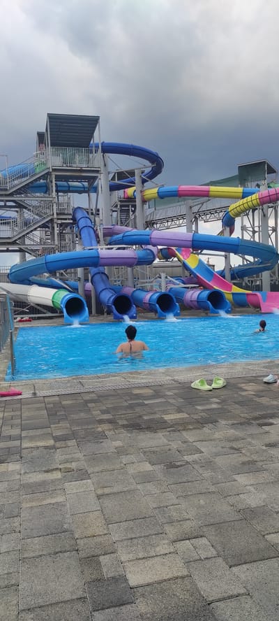 This media file depicts a scene at a water park in Tulskiy, Russia. The primary subjects are several colorful water slides, a swimming pool, and a few people. The water slides are a prominent feature, with various tubes in shades of blue, purple, pink, yellow, and green, constructed from metal and plastic. They are supported by a complex metal structure.
The swimming pool is filled with bright blue water, and the surrounding area is paved with grey, rectangular tiles. One person is visible in the pool, with their back to the camera, appearing to be wading. Another person is seen in the distance in the pool, and a third person is partially visible at the edge of the pool. There are also a pair of green flip-flops on the tiled ground.
The activity taking place is recreation at a water park, with the slides and pool suggesting a day of fun. The sky is cloudy, indicating possibly overcast weather. The time of day is not explicitly clear but appears to be daytime. There is no visible text within the image. The overall mood suggested is one of leisure and enjoyment, typical of a water park environment.