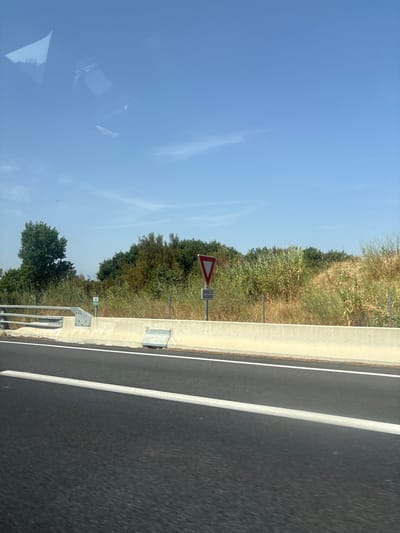 The image depicts a view from a moving vehicle on a highway, likely in Pia, France, given the presence of a French "cédez le passage" (yield) sign. The foreground is dominated by the dark asphalt of the road, marked with a white line. A low, light-colored concrete barrier runs along the side of the road, separating it from the natural environment.
Beyond the barrier, the landscape is characterized by dense vegetation, including trees and tall, dry grasses. The sky is a clear, bright blue with a few wispy clouds. A triangular red and white "yield" sign with French text is prominently visible, indicating an upcoming intersection or merging point. A small green sign with white text and symbols is also present on a post near the barrier. The overall scene suggests a sunny day in a rural or suburban area.