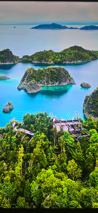 The image displays an aerial view of a tropical island landscape characterized by lush green vegetation, rocky outcrops, and clear turquoise waters. In the foreground, a man-made wooden structure, resembling a viewing platform or walkway, is built amongst the dense foliage on a cliffside. Several people are visible on this platform, some standing and others seated, appearing to observe the surroundings. The platform itself is elevated and supported by a network of beams and struts. Beyond the immediate island, several other smaller, rocky islands covered in vegetation dot the expansive body of water. Further in the distance, larger islands and a hazy horizon are visible. The scene depicts a natural environment enhanced by human infrastructure for tourism or observation. The provided crops offer closer views of the islands and the man-made structure, highlighting the details of the vegetation and the people present. However, the image is not of Lippstadt, Germany, as Lippstadt is an inland city and not characterized by tropical islands and turquoise waters.