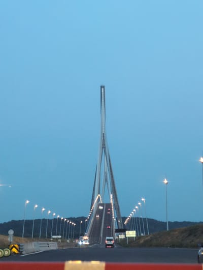 The image captures a frontal view of the dramatic, modern Pont de Normandie cable-stayed bridge at dusk, located in Sandouville, France. The sky is a clear, pale blue, transitioning from day to night. The bridge's central pylon, a towering, slender structure with a distinctive A-frame design, dominates the center of the frame, tapering upwards and against the sky. Cables extend from the pylon, supporting the roadway.

The roadway of the bridge is visible, with vehicles appearing as streaks of light due to the long exposure. Several vehicles, including a white van and what appear to be cars, are moving across the bridge. Rows of bright streetlights line both sides of the roadway, creating a luminous path. These lights are also reflected on the wet surface of the road.

On the left side of the image, a concrete barrier separates the roadway from the embankment. Yellow and black chevron signs and circular white signs are mounted on poles along the embankment. On the right, a sloping grassy hillside is visible, also lined with streetlights. The overall environment suggests a coastal or riverine setting, characteristic of the bridge's location, with a dark, wooded area forming the horizon behind the lights. In the foreground, a red and white barrier or railing is partially visible, indicating the vantage point of the photographer.