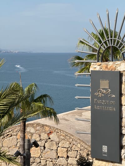 The image, rotated 90 degrees clockwise, captures a bright, sunny coastal scene overlooking a calm blue sea. In the foreground, a decorative metal railing with a sunburst pattern is visible on the left, partially obscured by green palm fronds swaying in the breeze.
To the right, a dark grey rectangular sign is mounted on a rugged stone wall. The sign prominently features an emblem resembling a stylized castle or fortress and the text "PARQUE DE ARTILLERÍA" (Artillery Park). Below this, a smaller logo contains the text "DIPUTACIÓ DE CASTELLÓ," indicating a connection to the provincial government of Castellón.
The stone wall forms a substantial part of the foreground and mid-ground on the right. Attached to a wooden beam on this wall are what appear to be outdoor light fixtures or security cameras. Further along the wall, a line of spiky metal posts, likely part of another railing, extends towards the sea.
The expansive, deep blue sea dominates the background, stretching to a clear horizon under a light blue sky. A white jetski or small boat is visible on the water, leaving a distinct white wake as it moves. Faint outlines of a distant coastline or town can be seen along the horizon on the left. The scene evokes a tranquil, Mediterranean setting, consistent with its location in Peníscola, Spain.