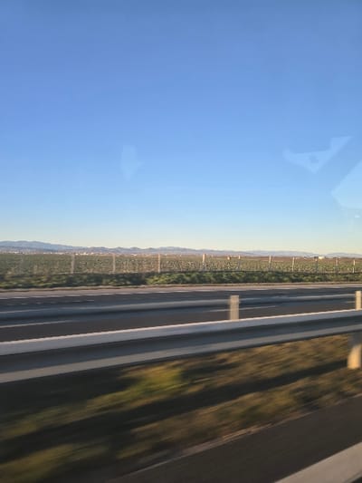 The image displays a roadside scene near Diadovo, Bulgaria, captured from a moving vehicle. The upper 60% of the frame is dominated by a clear, light blue sky, which transitions to a pale yellow-orange hue near the horizon. Distant, low-lying mountains are visible as a dark band along the horizon. Below the mountains, an expansive agricultural field stretches across the midground, appearing green and brown. A horizontal fence line, composed of posts and wire, runs across these fields parallel to the highway. The foreground features a multi-lane asphalt highway, observed from an elevated perspective (likely a vehicle window). A white concrete or metal guardrail separates the highway lanes from the immediate roadside, and both the road surface and the ground cover between the camera and the guardrail exhibit significant motion blur, indicating the photographic device was in motion. No individuals or specific vehicles other than the implied camera platform are visible. Faint, indistinct reflections are present on the viewing surface in the upper left and right portions of the sky.