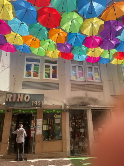 This image captures a vibrant street scene in Águeda, Portugal, likely during daylight hours given the bright sunlight casting shadows. The most striking feature is an overhead installation of colorful, open umbrellas suspended across a narrow street, creating a lively and festive canopy. The umbrellas are arranged in a dense, cascading pattern, showcasing a rainbow of hues including yellow, blue, green, orange, pink, purple, and red.
Below the umbrellas, a two-story building is visible with its facade partially obscured. The building has several windows, and the reflection of the colorful umbrellas can be seen in the glass. A prominent sign with metallic letters reads "RINO 1951," suggesting the name and establishment year of a business. Further down, the storefront of a shop is visible, with a glass facade displaying various items and signage including "JOGOS SANTACASA" and numerical markers like "78," "74," and "72."
A person, seen from behind, is standing in front of the shop entrance, appearing to interact with something inside or looking at the displays. They are wearing a plaid shirt and dark pants. The pavement is made of cobblestones, adding to the traditional streetscape feel. The overall atmosphere is cheerful and visually engaging, highlighted by the abundance of color and the unique umbrella installation.