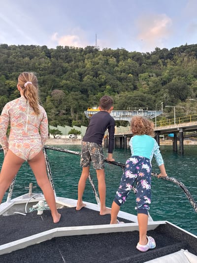 Three children are standing on the deck of a boat, looking out at a forested hillside and a pier with industrial structures. The child on the left is a girl facing away from the camera, wearing a long-sleeved swimsuit with a floral pattern. The child in the middle is a boy facing away from the camera, wearing a dark long-sleeved shirt and camouflage shorts. The child on the right is a girl facing away from the camera, wearing a light blue long-sleeved shirt and dark patterned pants with unicorns and flowers. The water is a clear turquoise. The hillside is covered in dense green vegetation. A pier with yellow railings and some yellow industrial equipment extends into the water. The sky is partly cloudy. This scene is likely on Christmas Island, an Australian territory.