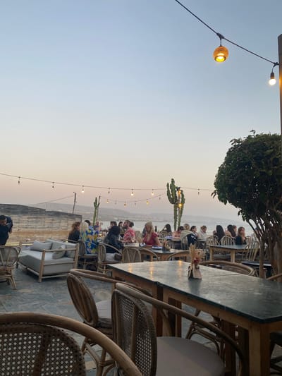The image depicts an outdoor restaurant scene at dusk in Taghazout, Morocco. A group of people are seated at tables, some dining and others conversing, with the ocean and a distant coastline visible in the background. String lights with decorative bulbs are strung overhead, casting a warm glow as the sky transitions to a pale blue. Rattan chairs and tables are arranged on a stone-tiled patio. A large, decorative cactus and a lush green tree are prominent elements of the landscaping. A light-colored sofa and lounge chairs are set up in a relaxed seating area to the left. The atmosphere appears to be casual and convivial, suggesting a popular evening gathering spot.