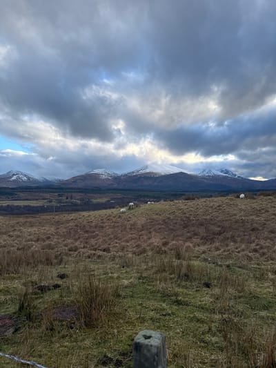 Hilly pastureland descends from a cloudy sky towards snow-capped mountains. Sheep graze on the hillside. The grass transitions from dry to green as it approaches a fence post in the foreground. The sky is filled with white and gray clouds with patches of blue peeking through. The mountains are dark with snow on their peaks and ridges.