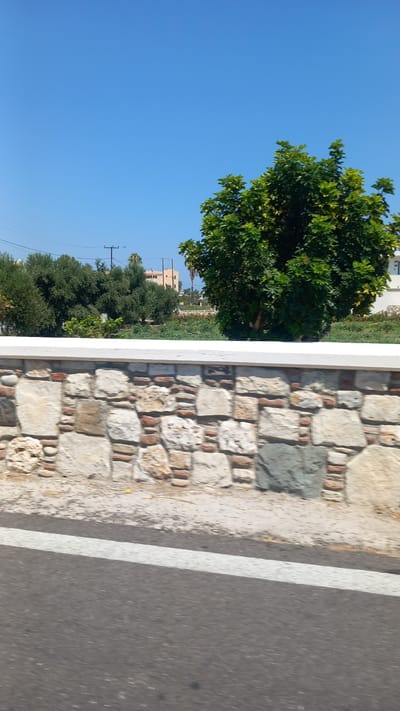 A street-level view shows a rustic stone wall with a white cap running horizontally across the lower middle of the frame. Behind the wall, green trees and vegetation are visible, with a building in the distance. The sky is a clear, bright blue. The scene appears to be in a sunny, rural or semi-rural area, possibly on the island of Evia, near Marmari, Greece. The wall is constructed from irregular stones of various sizes and colors, including beige, grey, and reddish-brown bricks. A white line runs across the dark asphalt road in the foreground, suggesting this is a roadside view. The overall impression is of a warm, clear day in a Mediterranean setting.