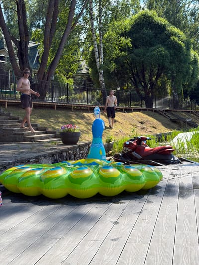 The image depicts two shirtless men in a backyard setting, likely in Shchelkovo, Russia. One man, with short dark hair, stands on a grassy slope wearing dark shorts. He is facing away from the camera, looking towards a red and black jet ski. The other man, with short blonde hair and sunglasses, is partially visible in the lower right of the frame, lying down on a wooden deck with his legs extended. He is wearing dark shorts and sunglasses.

Dominating the foreground is a large, inflatable peacock-shaped pool float, primarily green and blue, with yellow and blue eye-like patterns. The float lies partially on the wooden deck and partially on a stone pathway. The scene appears to be set on a sunny day, with bright sunlight casting shadows on the deck. The background shows lush green trees, a fence, and what appears to be a body of water or pond. A potted plant with colorful flowers sits on the stone pathway near the peacock float. The overall impression is a relaxed, summery atmosphere, possibly a leisure day at home. No visible text is present in the image.